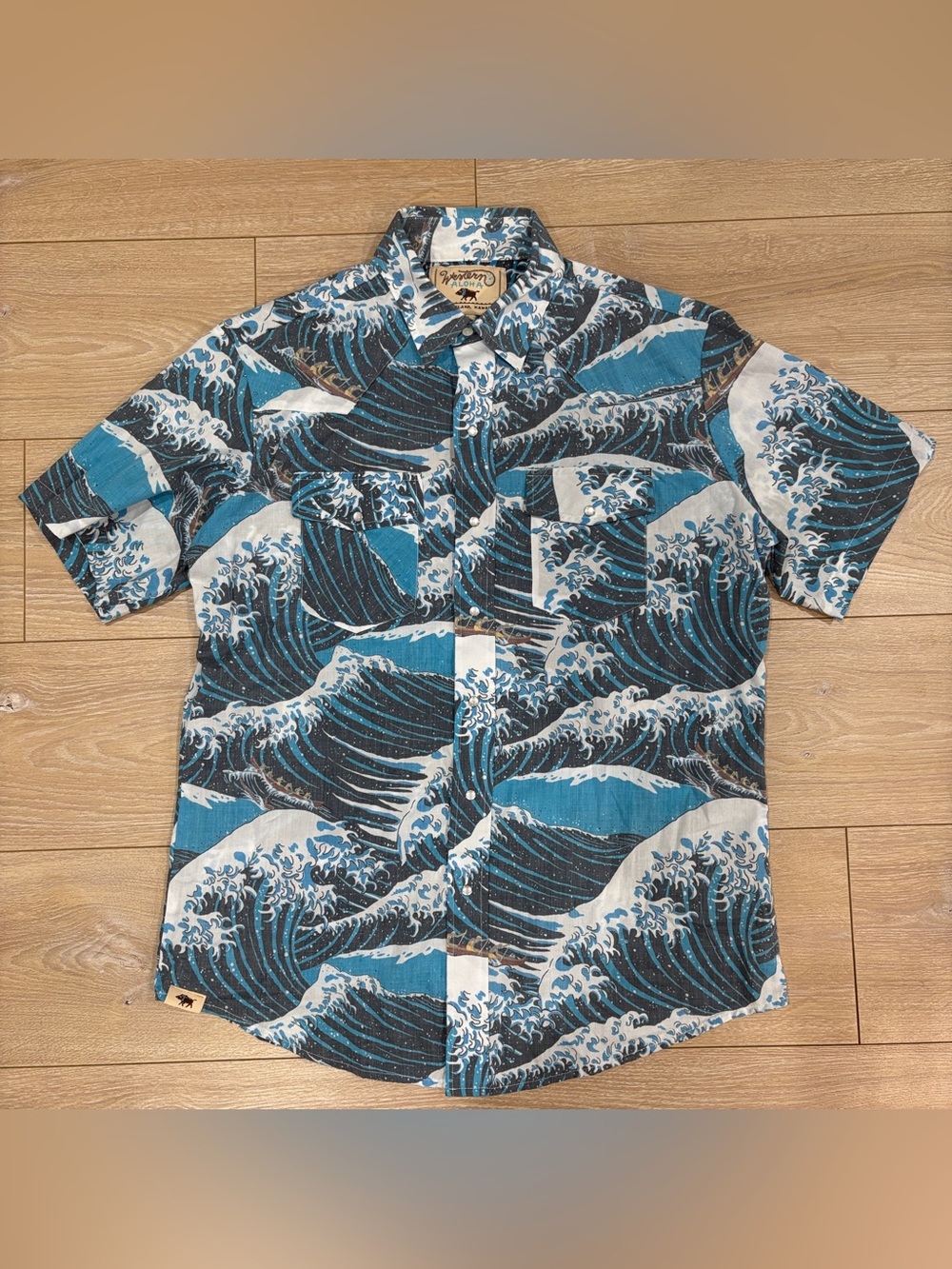 Western Aloha Alenuihaha Great Wave Hawaiian Shirt Men's Large Pearl Snap Blue